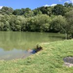 Photo of a large pond. Ground ground beside it is burn where someone has had a BBQ.