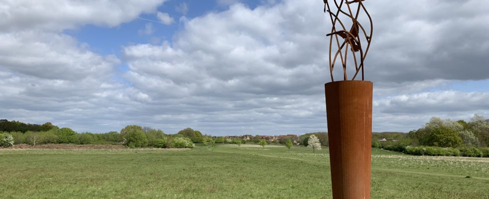 Photo of a large green meadow, with a iron artwork in the foreground. The artwork celebrates the Skylarks that nest here.